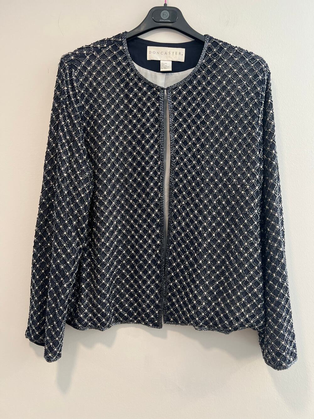Doncaster 100% Silk Heavily Beaded Cocktail Jacket Black Silver Size 14 JJ
